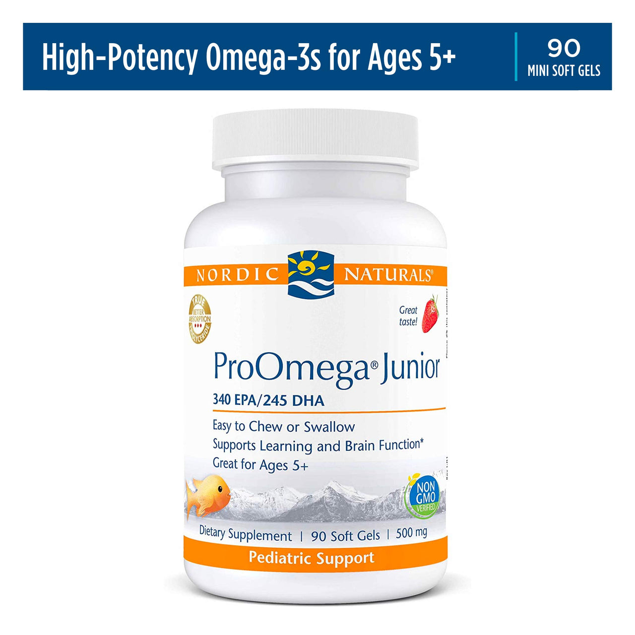 Nordic Naturals ProOmega Junior - Fish Oil, 340 mg EPA, 245 mg DHA, Support for Healthy Neurological, Nervous System, Eye, and Immune System Development*, Strawberry Flavor, 90 Soft Gels