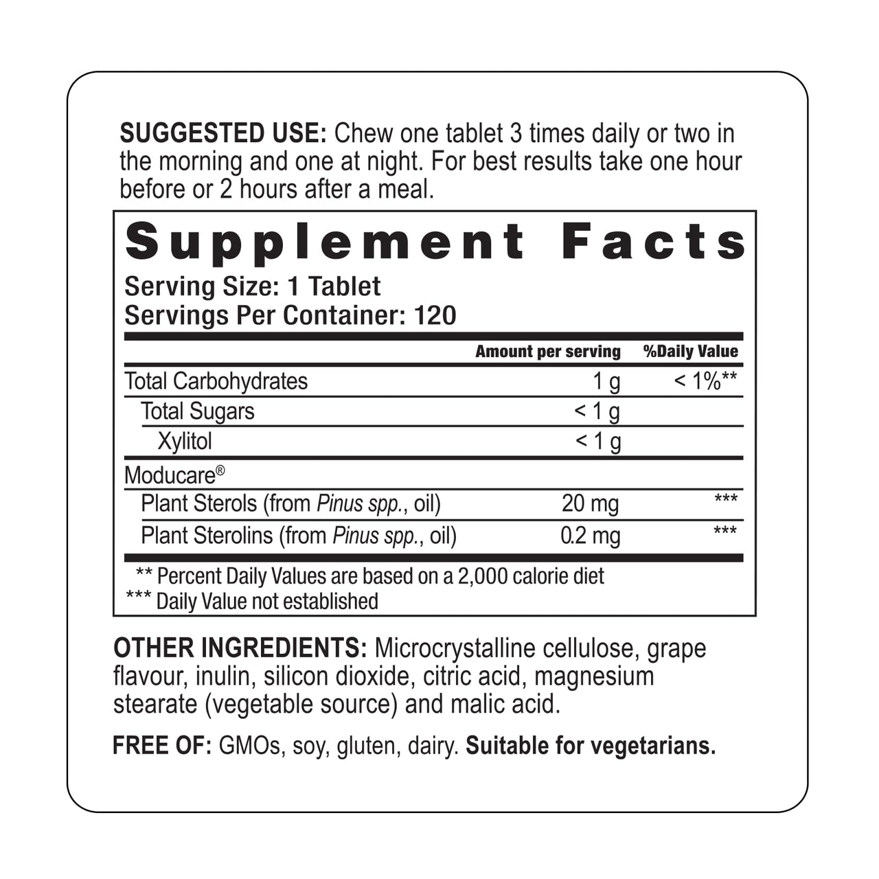 Moducare Daily Immune Support, Plant Sterol Dietary Supplement, Grape flavored , 120 chewable tablets