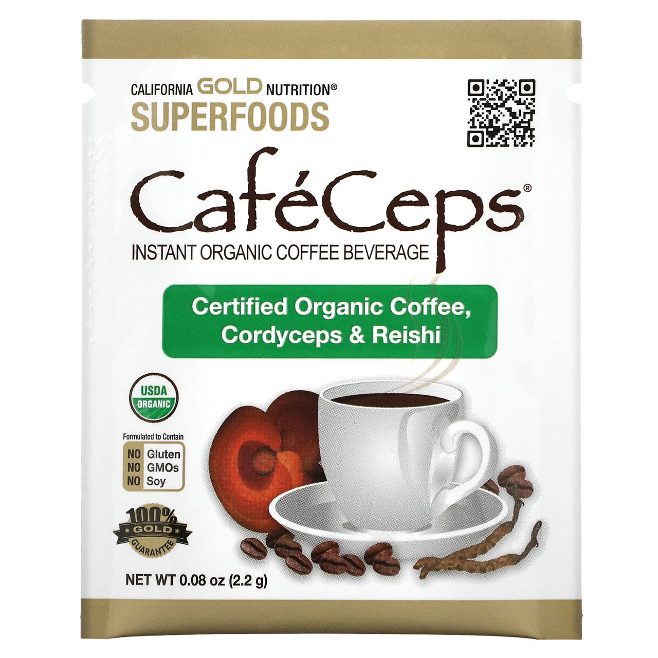 California Gold Nutrition CafeCeps, Certified Organic Instant Coffee with Cordyceps, and Reishi Mushroom Powder, 30 Packets, 0.08 oz (2.2 g) Each