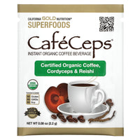Thumbnail for California Gold Nutrition CafeCeps, Certified Organic Instant Coffee with Cordyceps, and Reishi Mushroom Powder, 30 Packets, 0.08 oz (2.2 g) Each