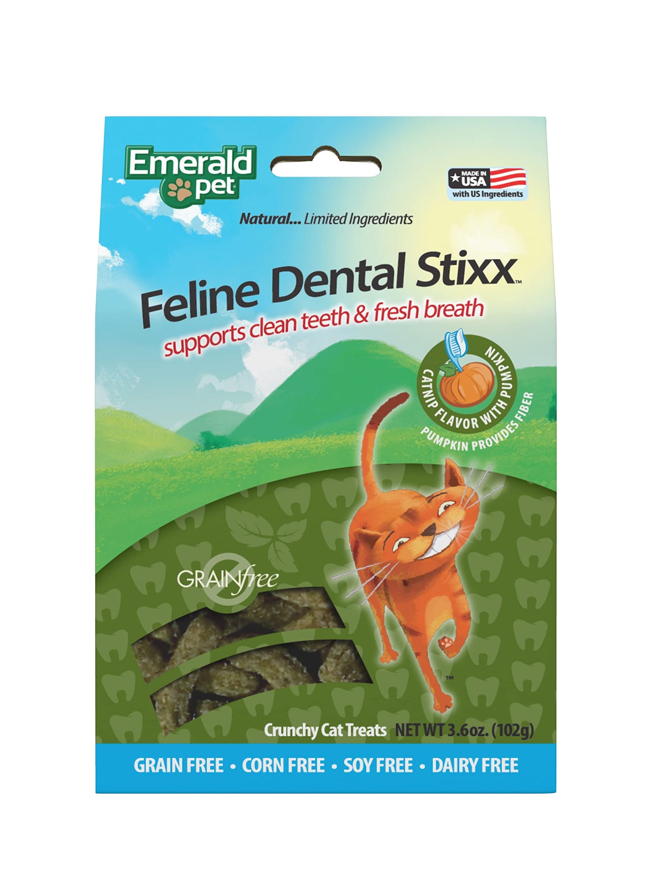 Emerald Pet Feline Dental Stixx — Tasty and Crunchy Cat Sticks with Pumpkin for Digestive Health — Natural Grain Free Treats for Clean Cat Teeth and Fresh Breath — Catnip, 3.6 oz