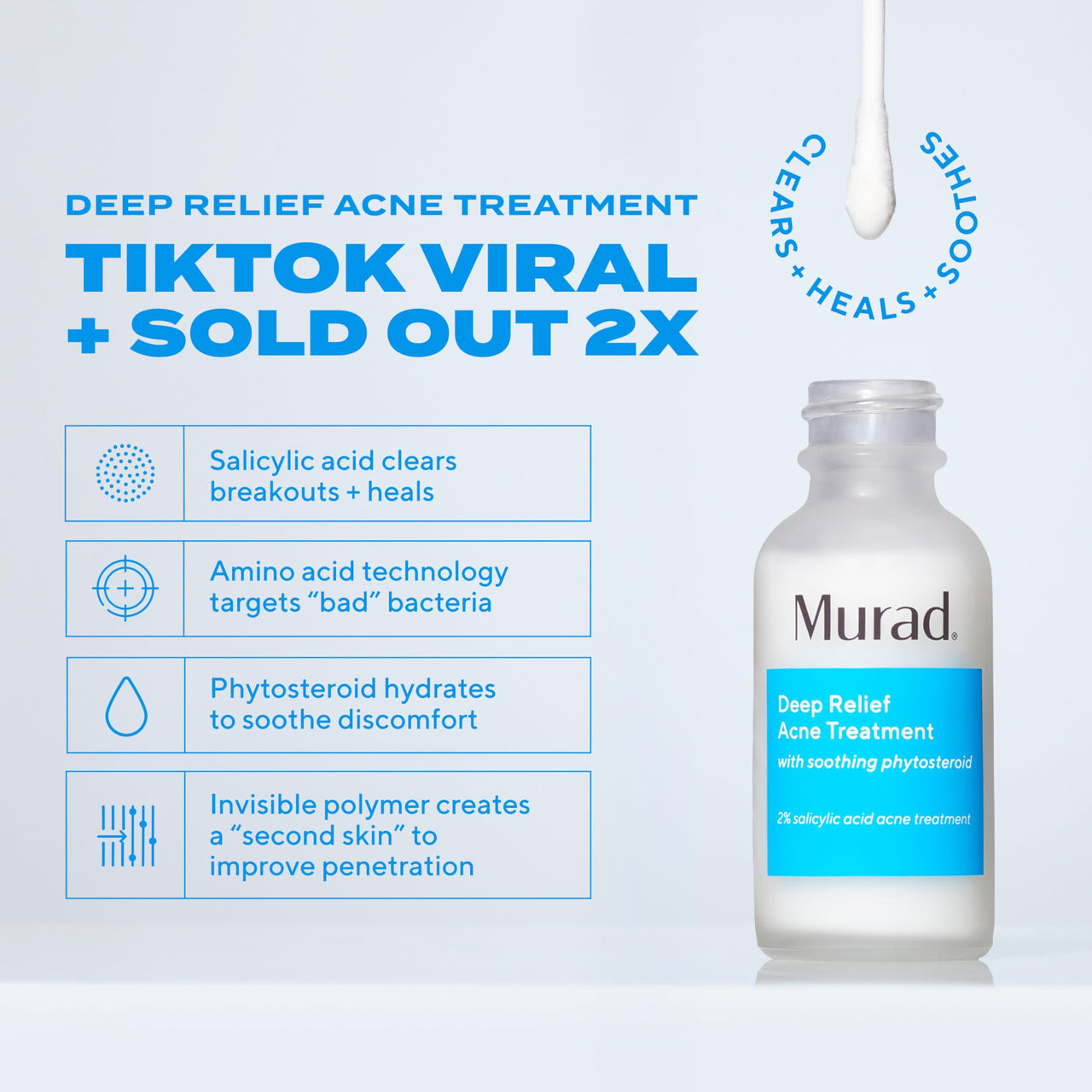 Murad Deep Relief Acne Treatment with 2% Salicylic Acid - Deep, Painful Acne Spot Treatment for Face – Redness Relief, Fast Acting Blemish Serum, Soothing Breakout Treatment - 1Fl Oz