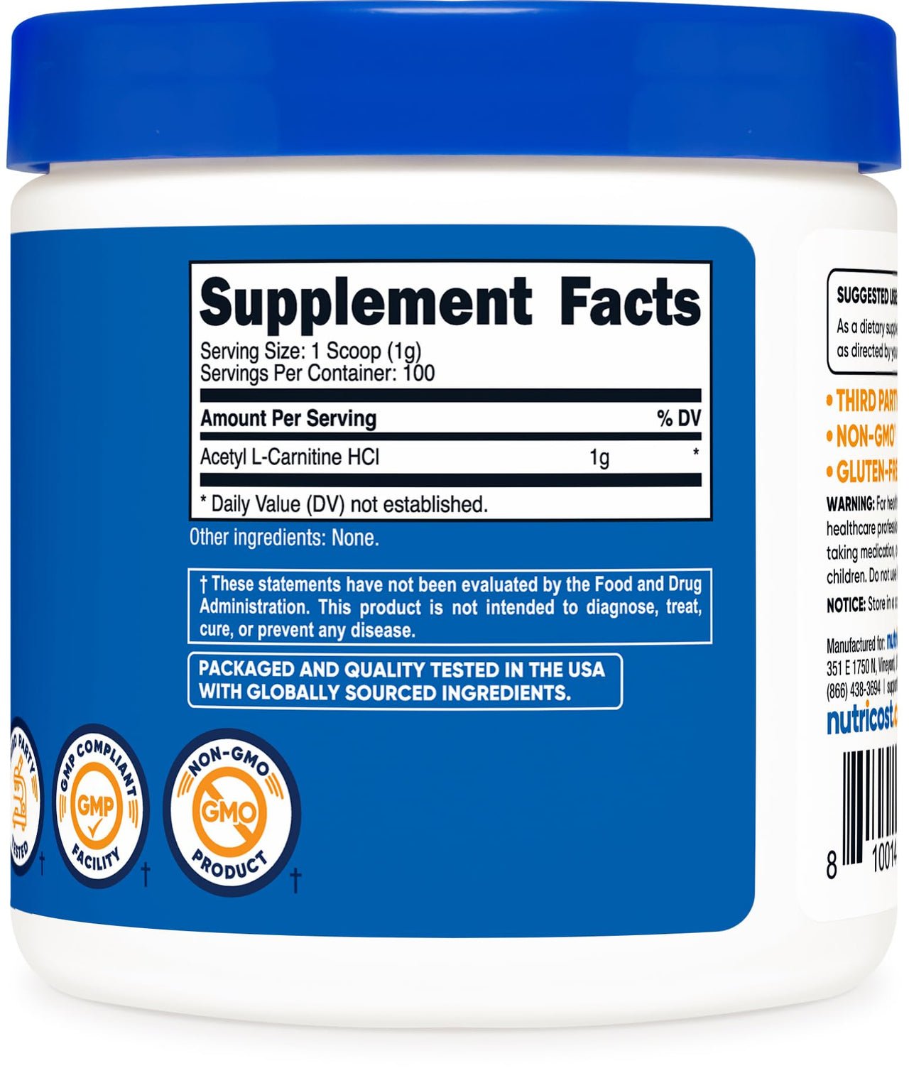 Nutricost Acetyl L-Carnitine HCI (ALCAR) 100 Grams per Container - 1G Per Serving - Non-GMO, Gluten Free, Unflavored