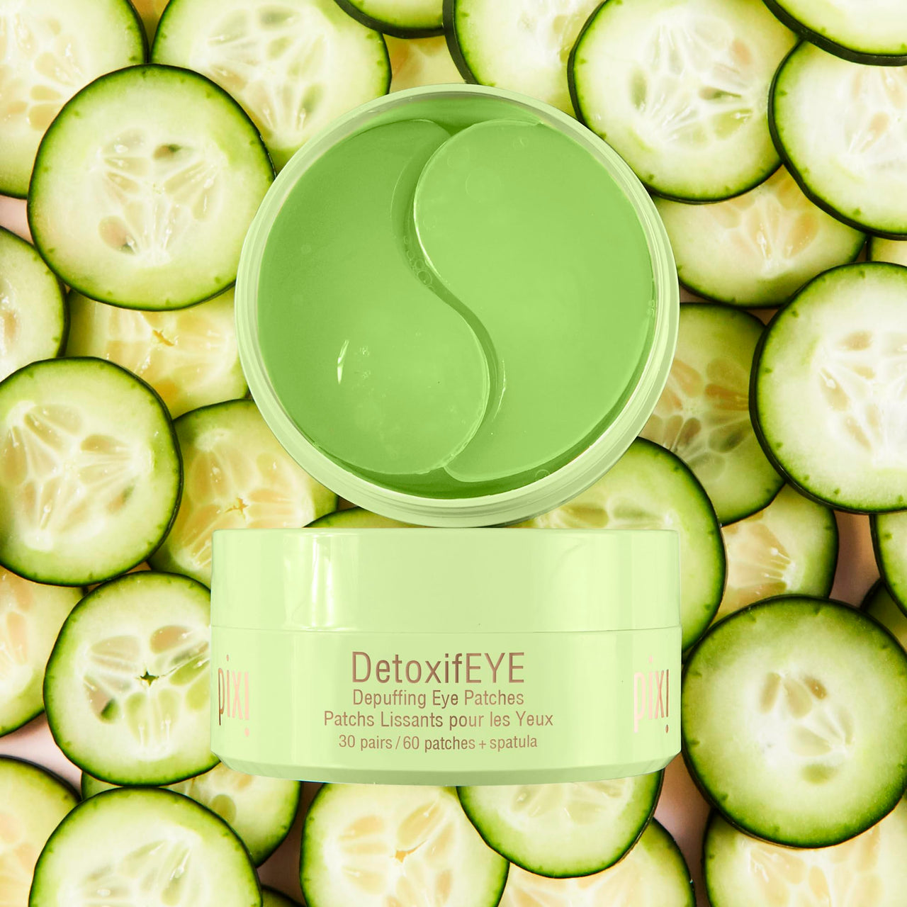 Pixi DetoxifEYE Depuffing Hydrogel Under-Eye Patches, Cucumber, Hyaluronic Acid & Caffeine for Puffy Eyes and Dark Circles, Hydrate Eye Area, 30 Pairs, 60 Patches