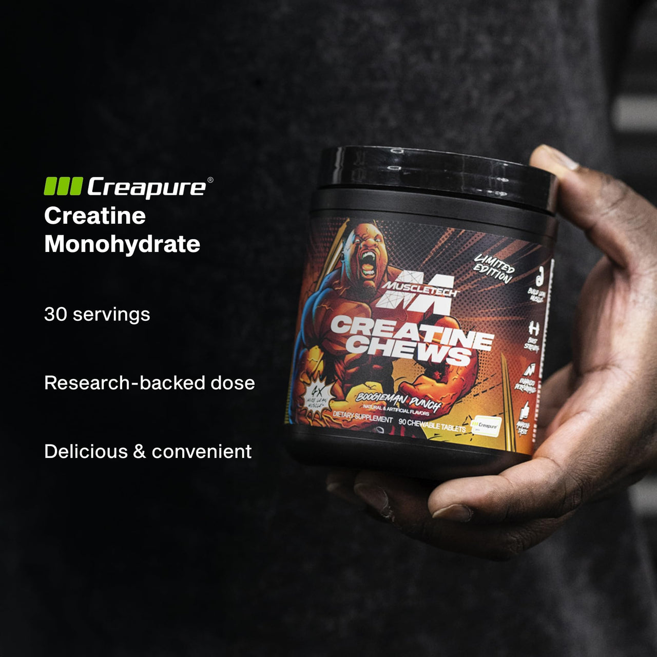 MuscleTech Creatine Chews - Creapure Monohydrate Supplement for Muscle Recovery, Muscle Builder & Energy Boost - Pre Workout Supplement for Men & Women - 90 Chewable Candies, Boogieman Punch