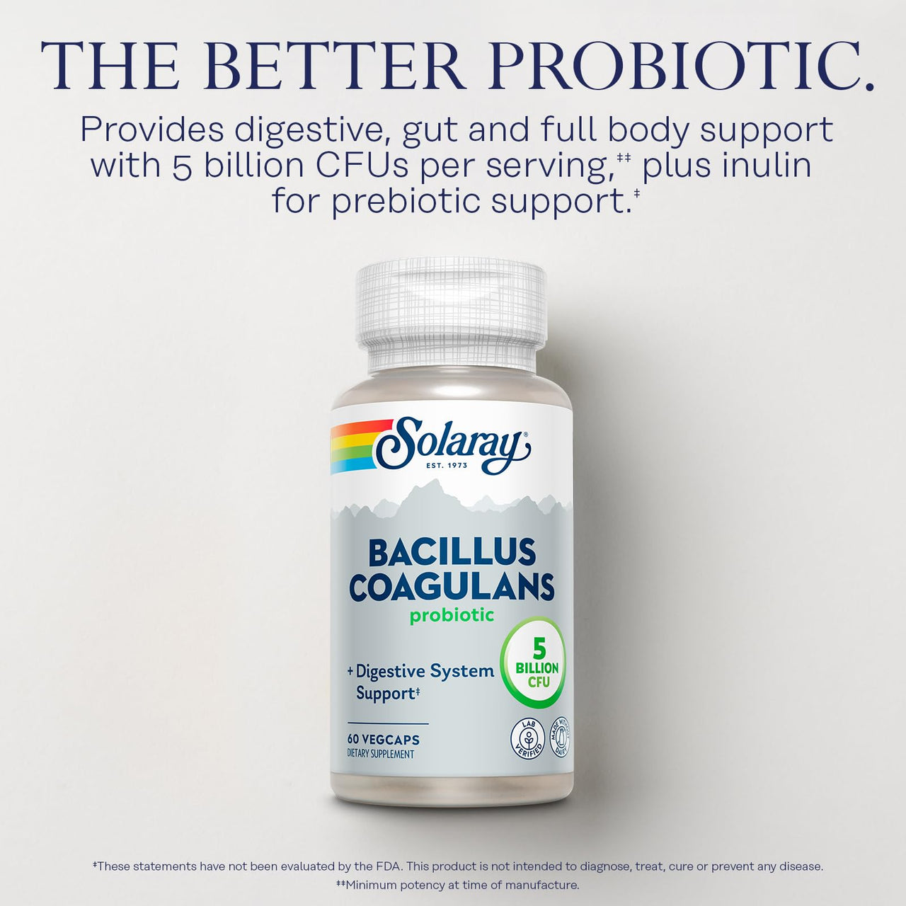 SOLARAY Bacillus Coagulans Probiotic - 5 Billion Live Microorganisms - Digestion and Gut Health Support - Full Body Health Probiotics with Inulin Prebiotic Fiber, 60-Day Guarantee, 30 Serv, 60 VegCaps
