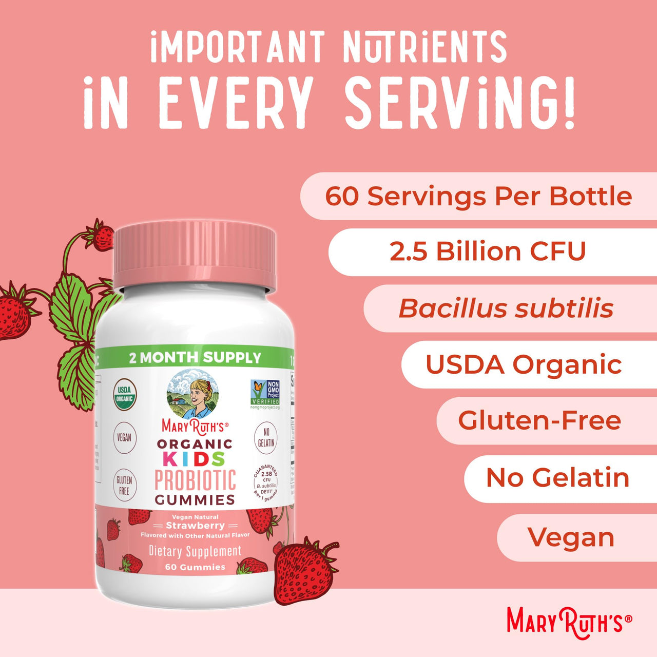 MaryRuth Organics Kids Probiotics for Digestive Health | USDA Probiotic Gummies | 2 Month Supply | Kids Probiotics | Immune Support | Gut Health Supplement | Vegan | Non-GMO | Gluten Free | 60 Count