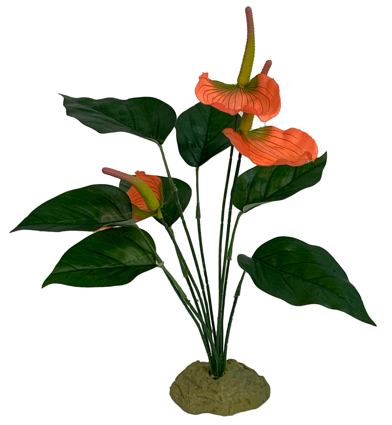 Komodo Reptile Terrarium Anthurium Bush Plant with Gravel Base | Artificial Rainforest Ground Aquarium & Habitat Decoration Accessory with Weighted Base, 15 Inches
