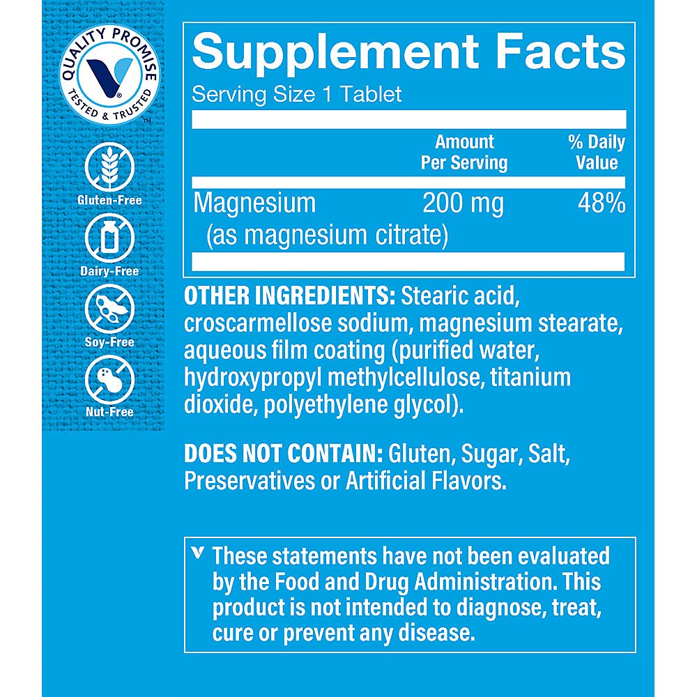 The Vitamin Shoppe Magnesium Citrate 200MG - Muscle Relaxation, Bone Health & Energy Production, Highly Absorbable (100 Tablets)