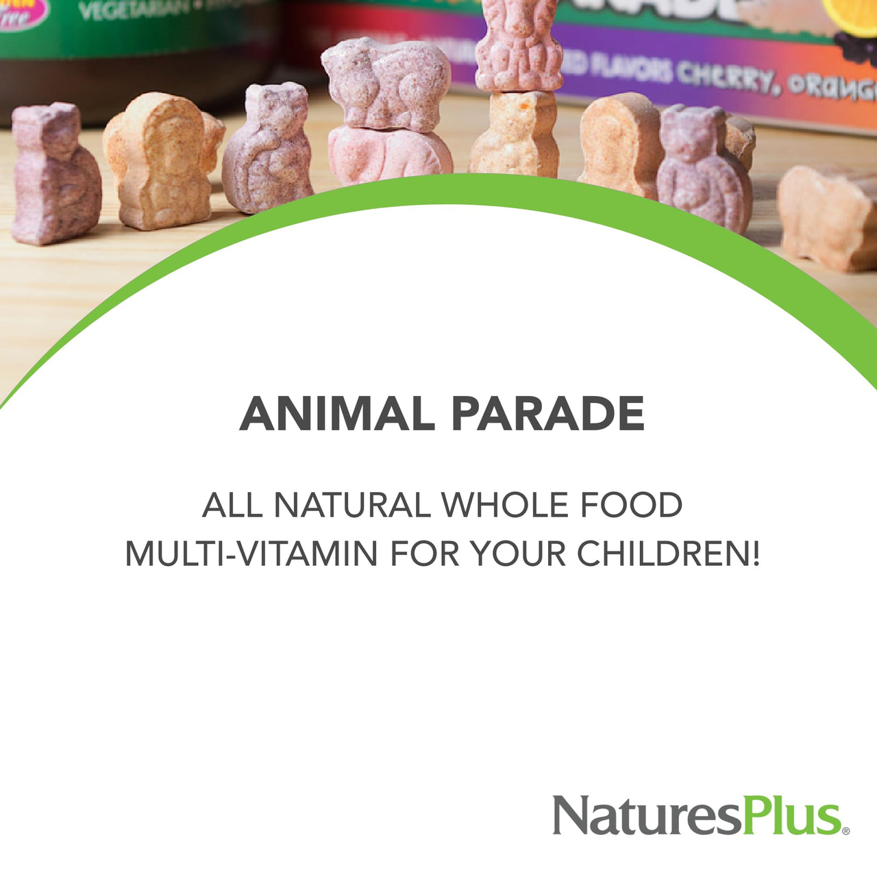 NaturesPlus Animal Parade Gold Children's Multivitamin - 120 Animal-Shaped Chewable Tablets - Assorted Cherry, Orange & Grape Flavors - Vegan, Gluten Free - 60 Total Servings