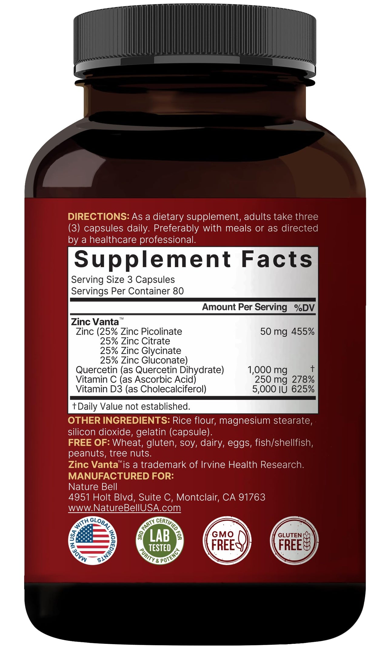 NatureBell Zinc Quercetin with Vitamin C & D3, 240 Capsules | Quercetin 1,000mg + Zinc 50mg + Vitamin C 250mg + Vitamin D3 5,000 IU | 4-in-1 Advanced Immune & Lung Support | ZincVanta Formula