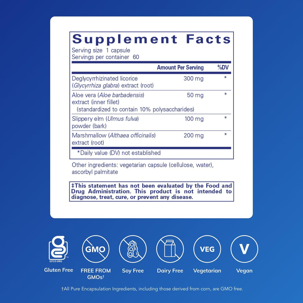 Pure Encapsulations DGL Plus - Gut Health Supplements for Men & Women - with Marshmallow Root, Aloe Vera Extract & Slippery Elm Bark - Non-GMO & Vegan - 60 Capsules