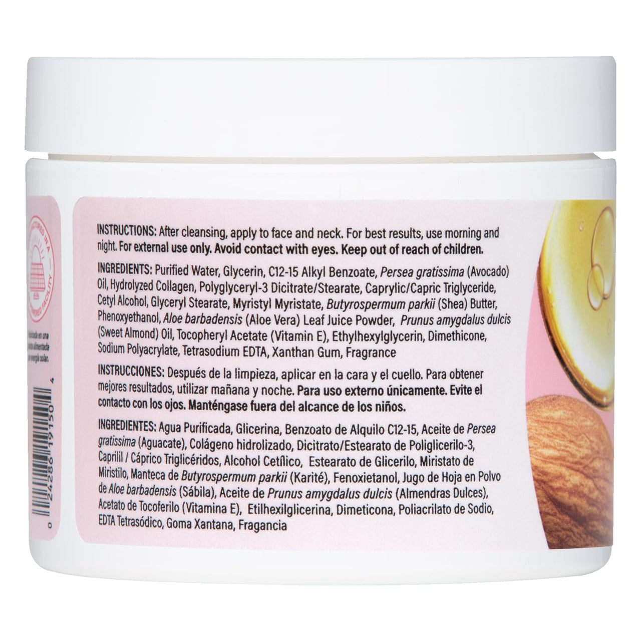 De La Cruz Collagen Facial Cream with Aloe Vera and Avocado Oil, Paraben-Free and Dye-Free Moisturizer with Seven Hydrating Ingredients, 4 oz