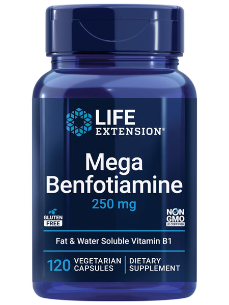 Life Extension Mega Benfotiamine, 250 mg, a fat-soluble form of thiamine, healthy metabolism, ultra-bioavailable vitamin B1, high potency, gluten-free, non-GMO, vegetarian, 120 capsules