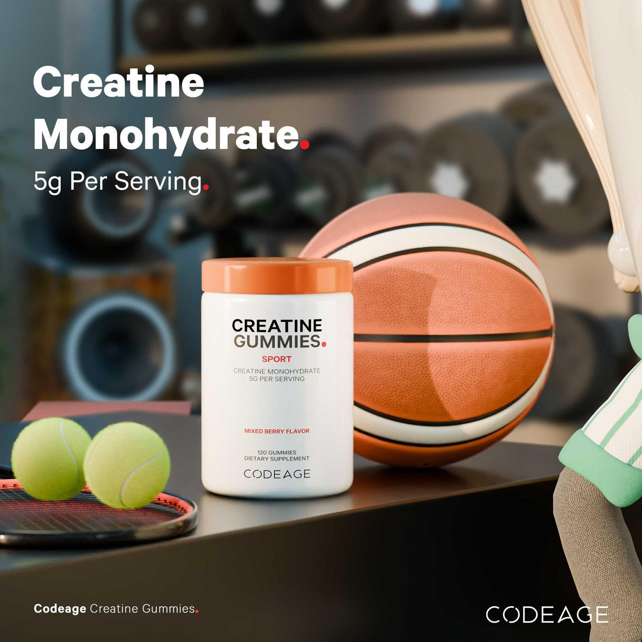 Codeage Creatine Monohydrate Gummies Supplement - 5000mg Creatine - AstraGin Panax & Astralagus - Sport Gummy - Mixed Berry Flavor - Kettlebell Shape Vitamins - Vegan - Non-GMO - 120 Gummies