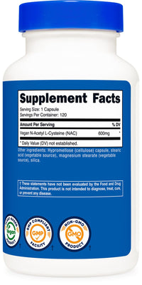 Thumbnail for Nutricost N-Acetyl L-Cysteine (NAC) 600mg, 120 Vegetarian Capsules - Non-GMO, Gluten Free, Vegetarian Caps