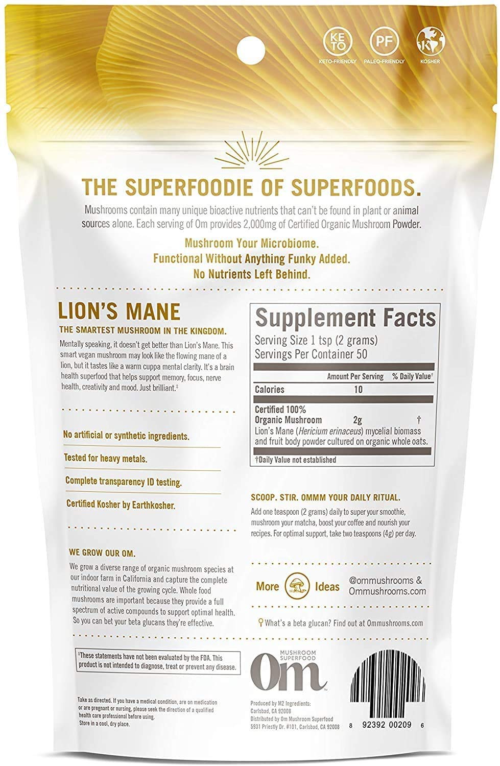 Om Organic Mushroom Superfood Powder, Lions Mane, 3.5 Ounce (50 Servings) (Тwo Рack)