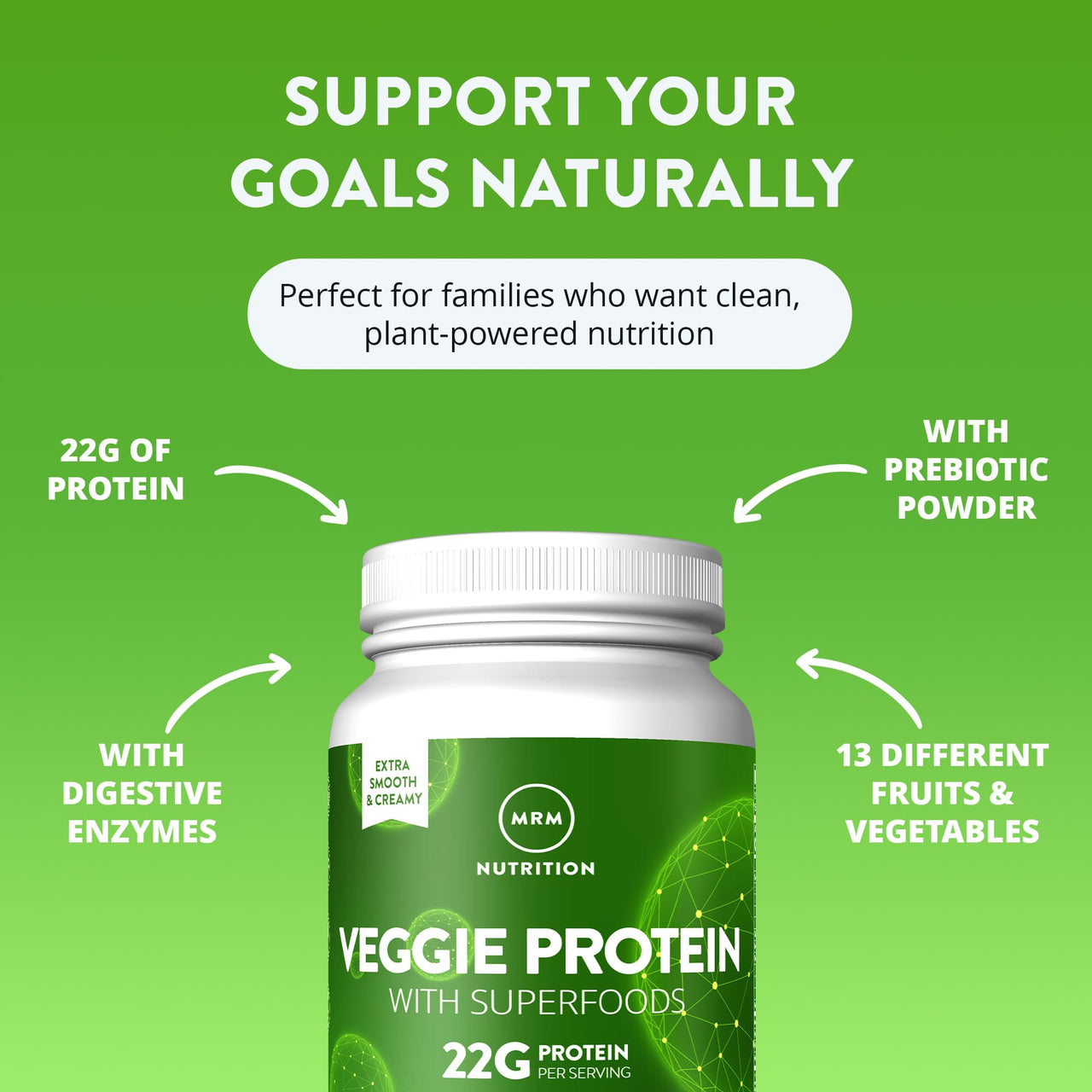MRM Nutrition Veggie Protein with Superfoods - Chocolate Flavored Protein Powder for Women & Men, 22g of Vegan Protein, Amino Acids & Digestive Enzymes, Gluten & Dairy Free - 31 Servings