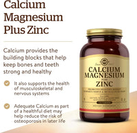 Thumbnail for Solgar Calcium Magnesium Plus Zinc, 250 Tablets - Promotes Healthy Bones and Teeth - Supports Nerve & Muscle Function - Non GMO, Vegan, Gluten Free, Dairy Free, Kosher, Halal - 83 Servings