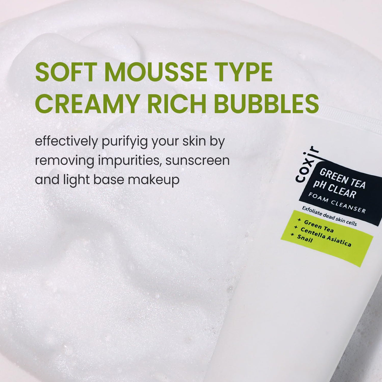 coxir GREENTEA PH CLEAR FOAM CLEANSER 5.07 Fl Oz l Low pH Formula Facial Washes with Gentle Exfoliating l deep cleanses pores and remove dead skin cells on skin