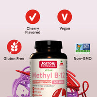 Thumbnail for Jarrow Formulas® Methyl B-12 Tablets, 500 mg, Dietary Supplement for Cellular Energy Production and Brain Health Support, 100 Cherry Flavor Chewable Tablets, 100 Day Supply
