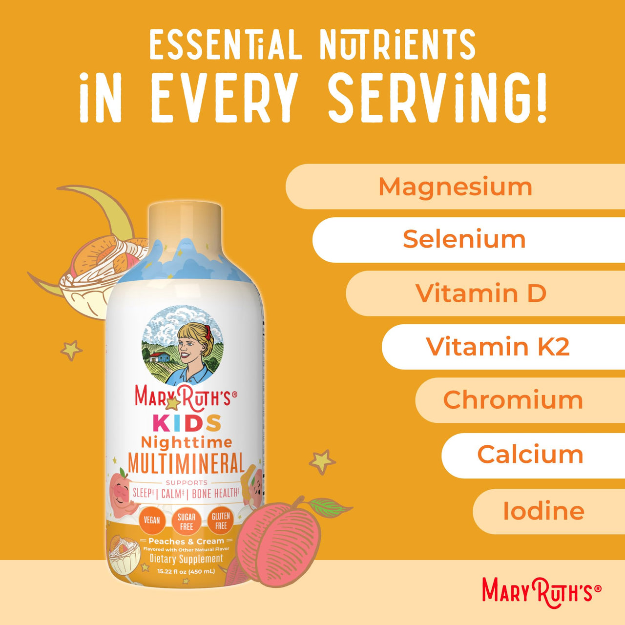 MaryRuth's Kids Liquid Nighttime Multimineral with Lutein and Magnesium | Bone Health | Immune Function | Bedtime Supplement | Kids Vitamins | Vegan | Sugar Free | 30-180 Servings | 15.22 fl oz