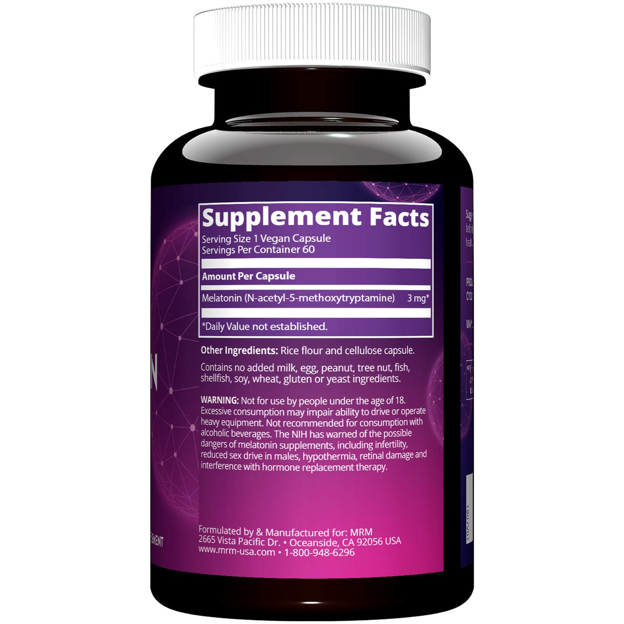 MRM Melatonin 3 mg - Supports Relaxation & Sleep-Wake Cycle for Men & Women, Non-Habit Forming Capsules, Drug-Free, Vegan, Gluten-Free, Non-GMO Supplement for Adults - 60 Servings