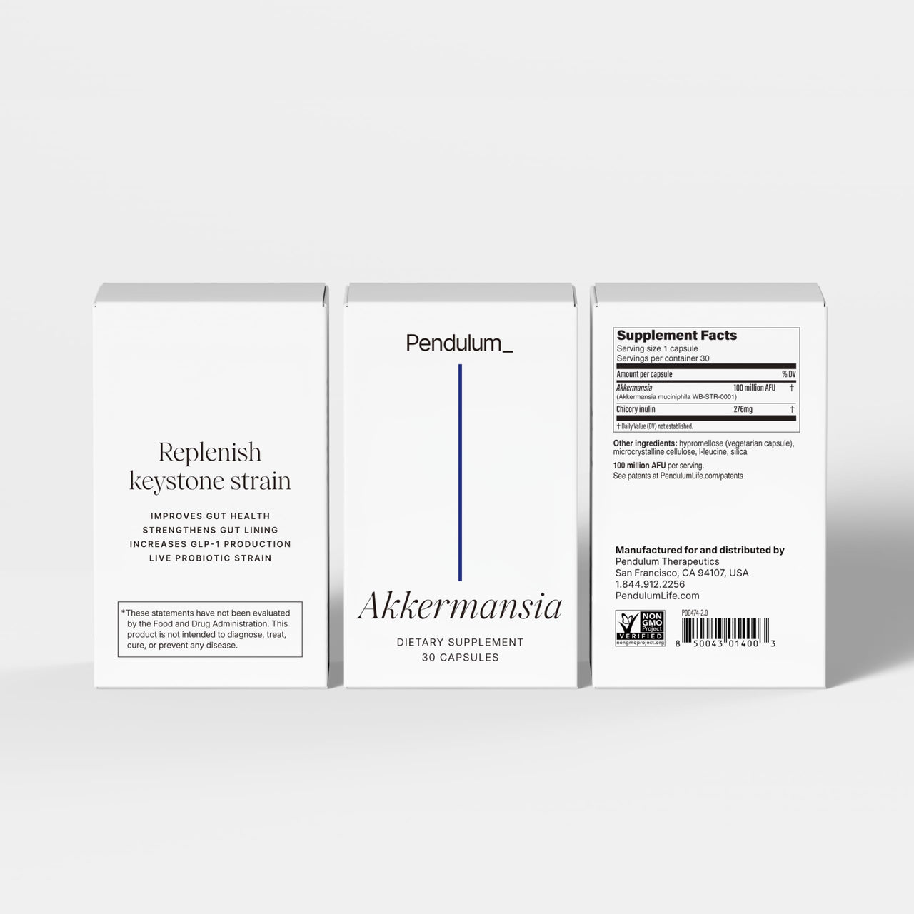 Pendulum Akkermansia Probiotic with Prebiotic Fiber - Increases GLP-1 Production, Delayed Release, Third-Party Tested, 100M AFU Live Strain for Gut Health for Men & Women (30 Capsules, 1-Pack)