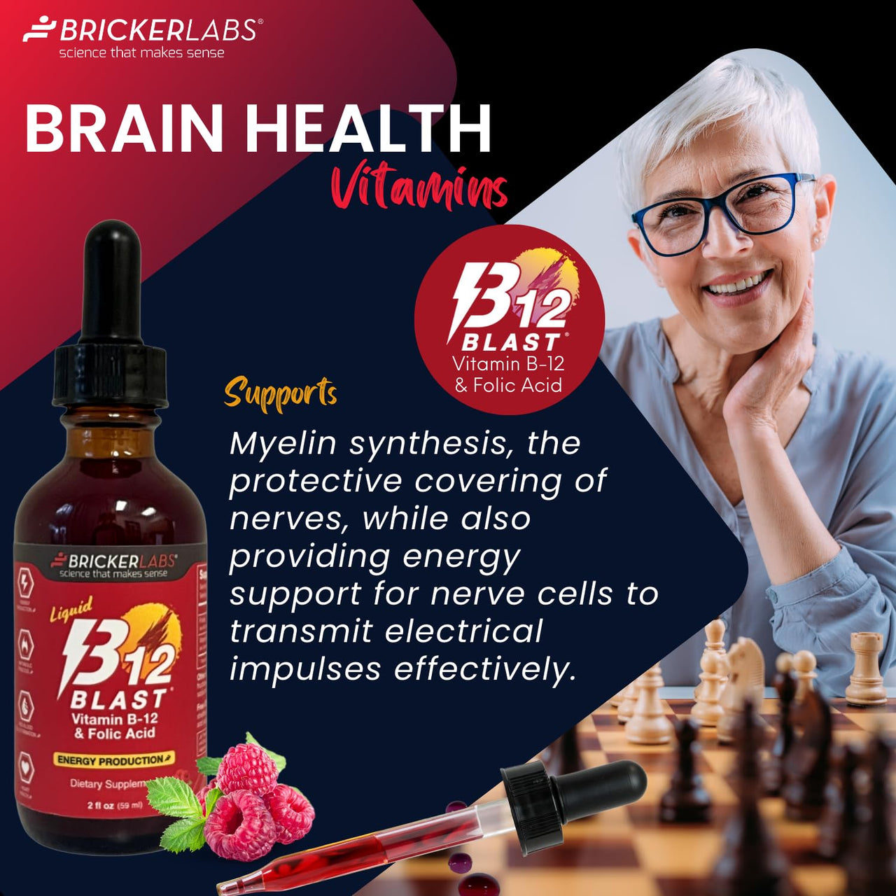 Bricker Labs B-12 Blast Liquid Vitamin B12 and Folic Acid Supplement, Support Energy Production, Great Tasting Liquid Vitamin B12 Dietary Supplement in Natural Raspberry Flavor, 2 fl oz Bottle