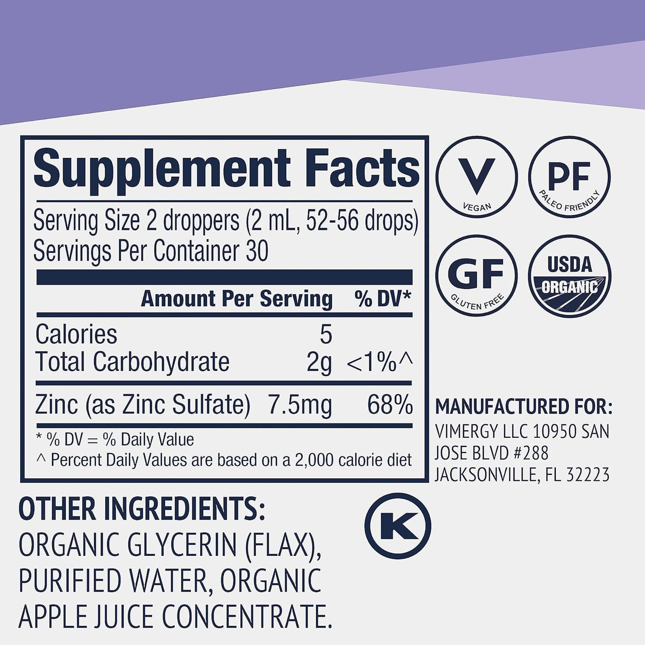 VIMERGY USDA Organic Zinc Supplements for Women & Men (7.5mg Liquid Zinc Per Serving) Fast-Absorbing Immune Support, Promotes Healthy Bones & Skin, Vegan (55 mL)