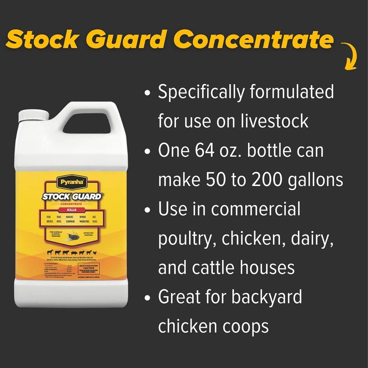 PYRANHA Stock Guard Concentrate - Livestock, Barn, Milk Rooms, Dairies, Poultry & Swine Houses Indoor Fly Control | Repels Flies, Lice, Ticks, Beetles, Mites, Gnats, 8 Oz