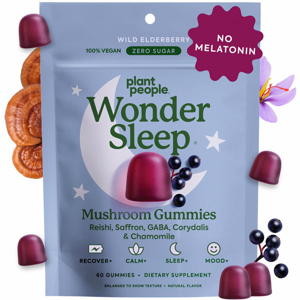 Plant People WonderSleep Mushroom Gummies Supplement for Sleep, No Melatonin with Reishi Super Mushrooms, Wild Elderberry Flavor, Sugar Free (60 Count)