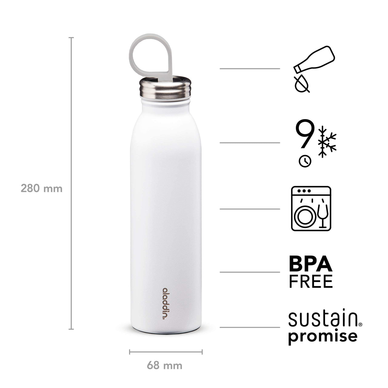 Aladdin Chilled Thermavac Stainless Steel Water Bottle 0.55L Snowflake White â€“ Insulated Metal Water Bottle - Keeps Cold for 9 Hours - BPA-Free Thermos Flask - Leakproof - Dishwasher Safe