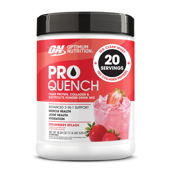 Optimum Nutrition Pro Quench, 10g Clear Protein, 10g Collagen peptides & Electrolyte Powder Drink Mix, Strawberry, 20 Servings, 520 Grams (Packaging May Vary)