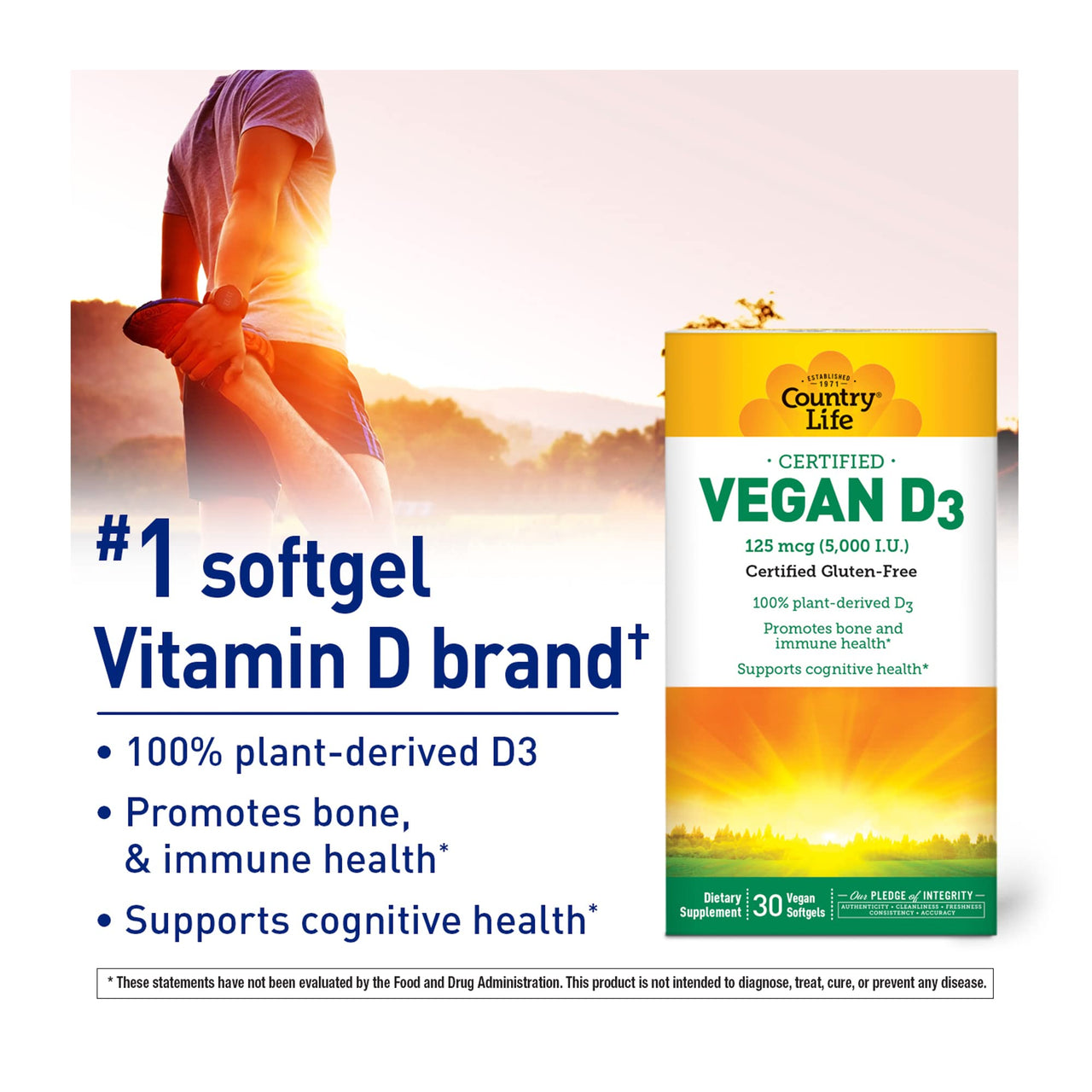 Country Life Vegan D3 5000 IU – Plant-Derived Vitamin D3 from Lichen – High Potency Immune & Bone Support – Certified Vegan, Gluten-Free, Non-GMO – 30 Softgels