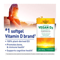 Thumbnail for Country Life Vegan D3 5000 IU – Plant-Derived Vitamin D3 from Lichen – High Potency Immune & Bone Support – Certified Vegan, Gluten-Free, Non-GMO – 30 Softgels
