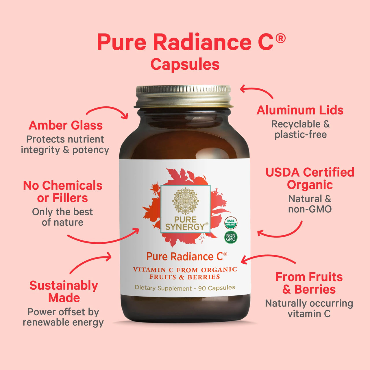 PURE SYNERGY Pure Radiance C | Organic Vitamin C Capsules | 100% Natural, Whole Food, Non-GMO Supplement with Organic Camu Camu | for Immune and Collagen Support (90 Capsules)
