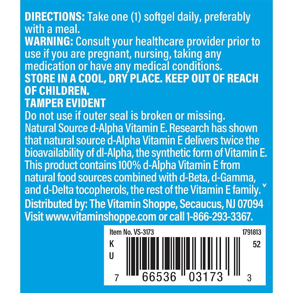 The Vitamin Shoppe Vitamin E 1,000IU - Antioxidant Support for Skin Health & Immune Function, Daily Vitamin (60 Softgels)
