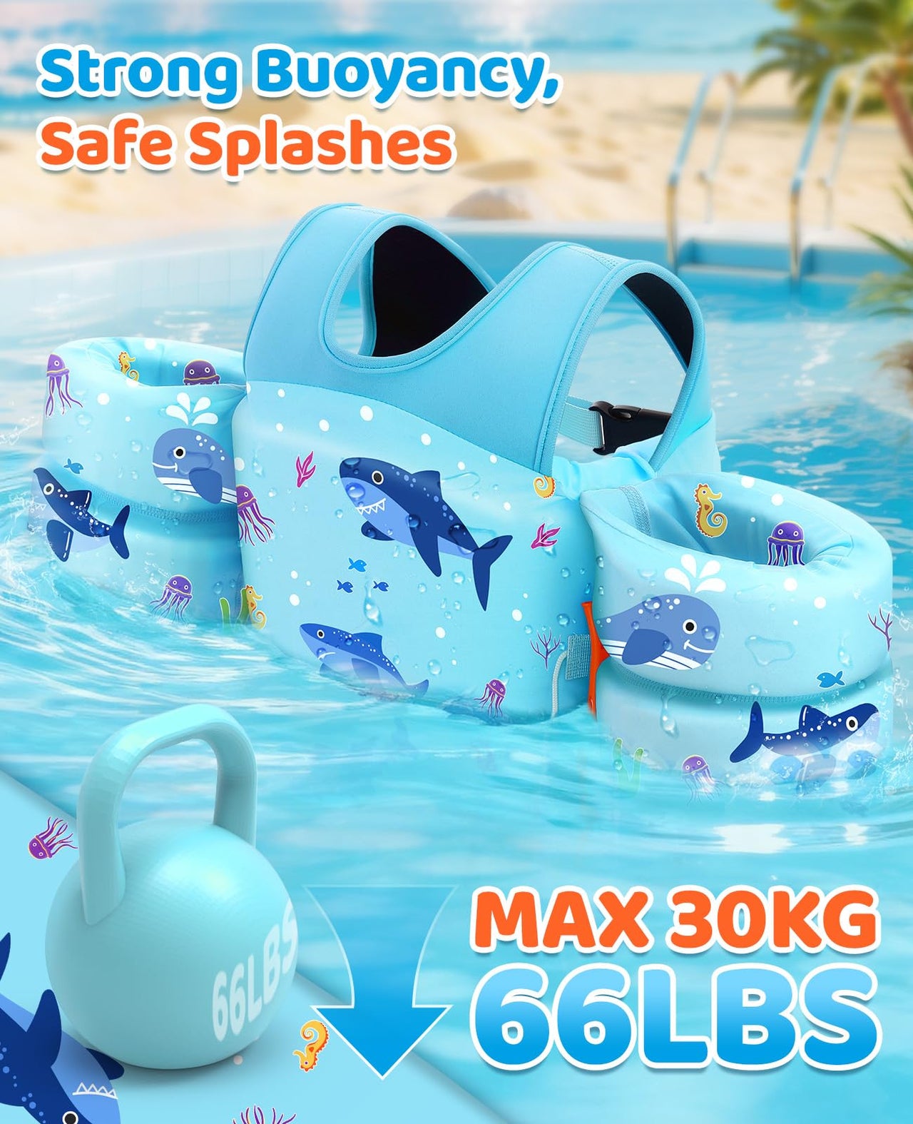 HeySplash Swim Vest for Kids, Toddler Pool Floaties Fit 33-66 Lbs, Children Swimming Vest with Adjustable Strap, Swim Jacket Water Wing Arm Float, Puddle Beach Boat Jumper Boy Girl,Blue Shark