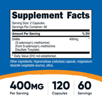 Thumbnail for Nutricost SAM-e (S-Adenosyl-L-Methionine) 400mg Per Serving, 60 Servings, 200mg Per Capsule, 120 Capsules - Non-GMO, Gluten Free Same, Vegetarian