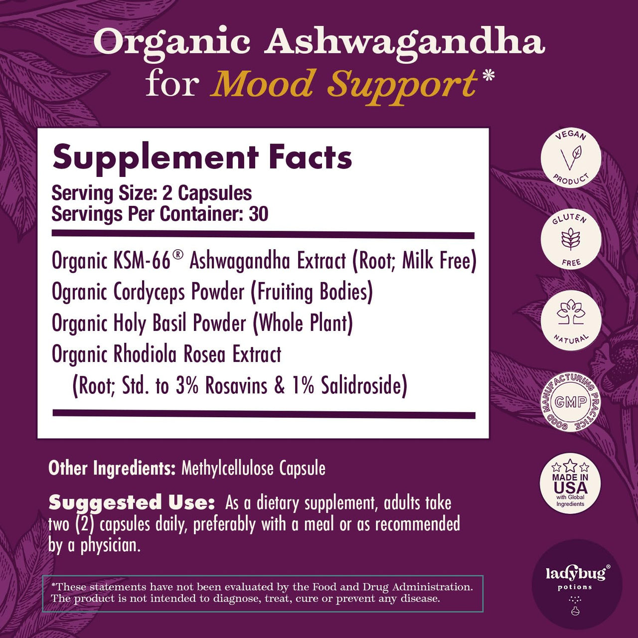 Organic Mood Pills - 60 Capsules Organic Ashwagandha Supplements for Women and Men, Ashwagandha Root Capsules with Cordyceps, Holy Basil & Rhodiola, Reduce Stress, Boosts Mood and Cognitive Function