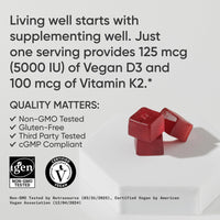 Thumbnail for Sports Research® Vegan Vitamin D3 + K2 Sugar-Free Gummies - 125mcg (5000iu) Vitamin D w/ 100mcg Mk7 Vitamin K - Supports Bone & Immune Health* - Vegan Certified · Non-GMO · Soy Free - 60 Count