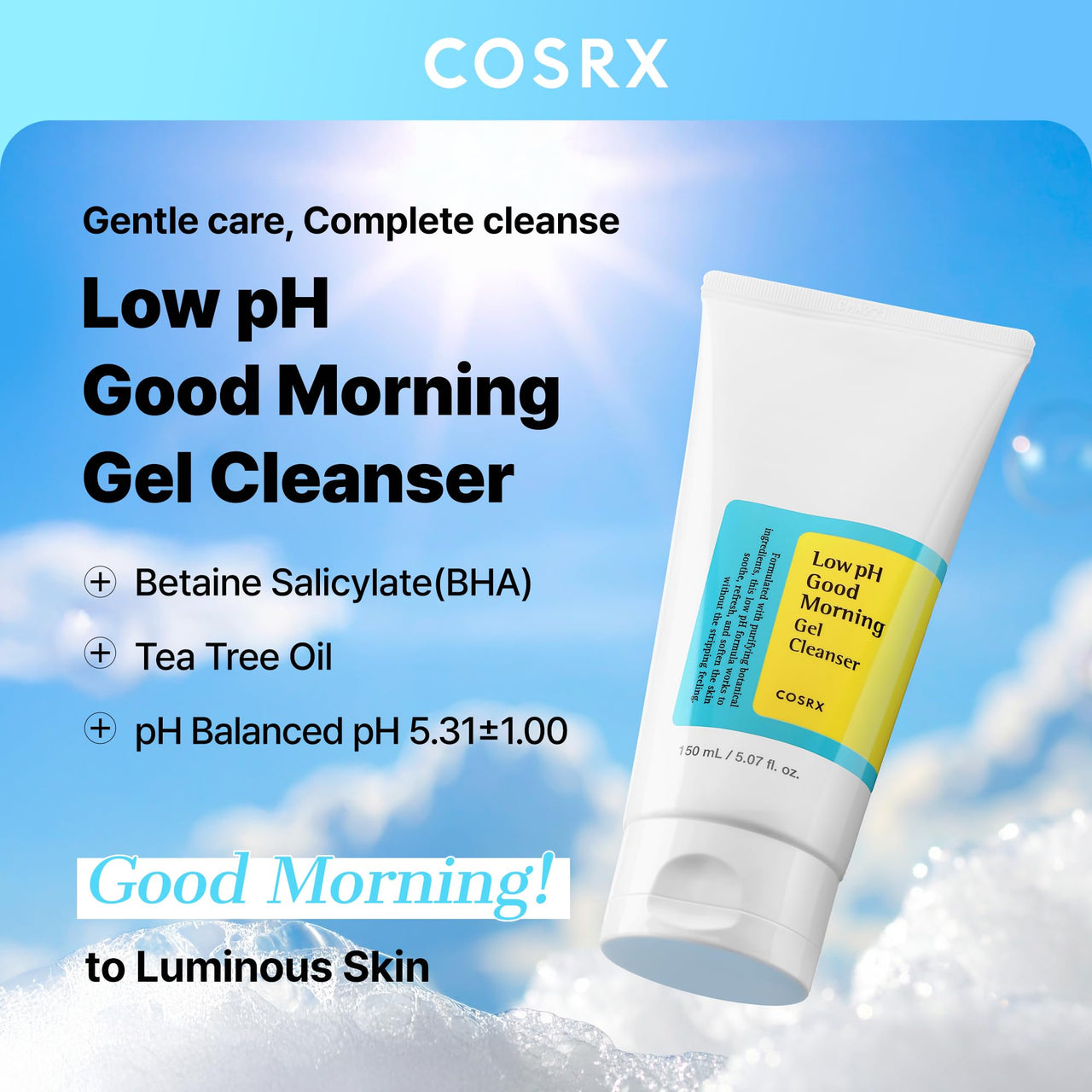 COSRX Low pH Good Morning Gel Face Cleanser, 5.07 fl oz, BHA Face Wash, Daily Mild Face Cleanser for Sensitive Skin, PH Balancing, Korean Skin Care, Korean Face Wash