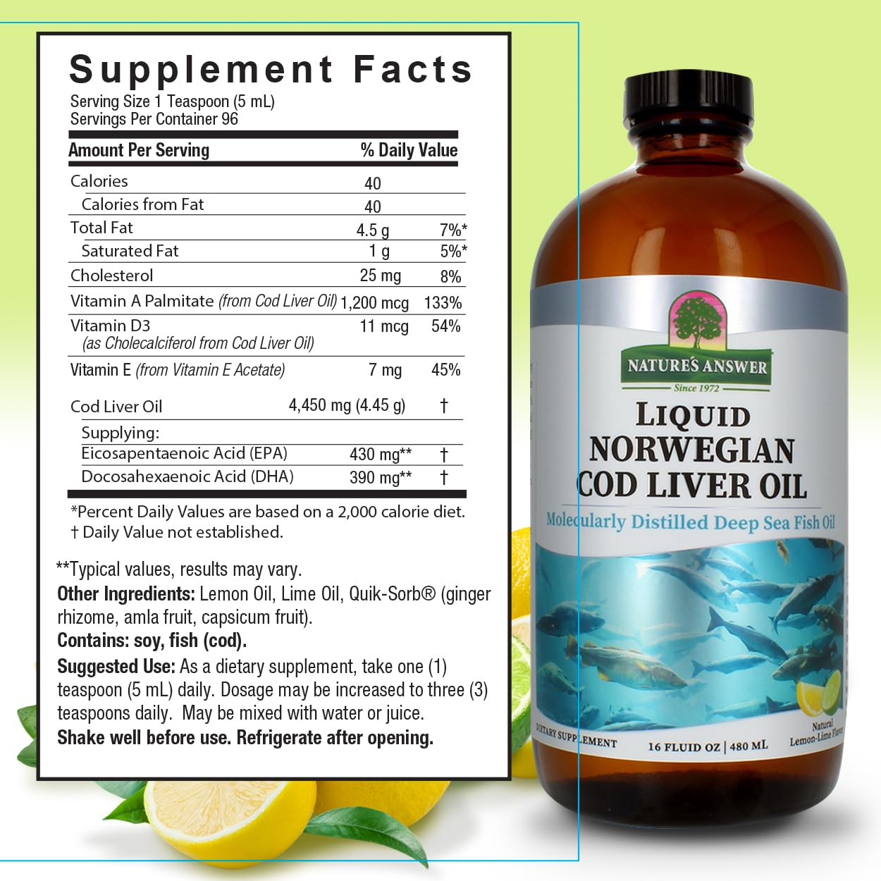 Nature's Answer Cod Liver Oil Liquid Supplement, 16-Fluid Ounces | Promotes a Healthy Heart & Brain | Cognitive and Cardiovascular Support | Great Tasting (Pack of 1)