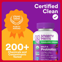 Thumbnail for SmartyPants Organic Toddler Multivitamin Gummies: Probiotics, Omega 3 (ALA), Vitamin D3, C, Vitamin B12, B6, A, K & Zinc, Beta Carotene, Gluten Free, Three Fruit Flavors, 60 Count (30 Day Supply)