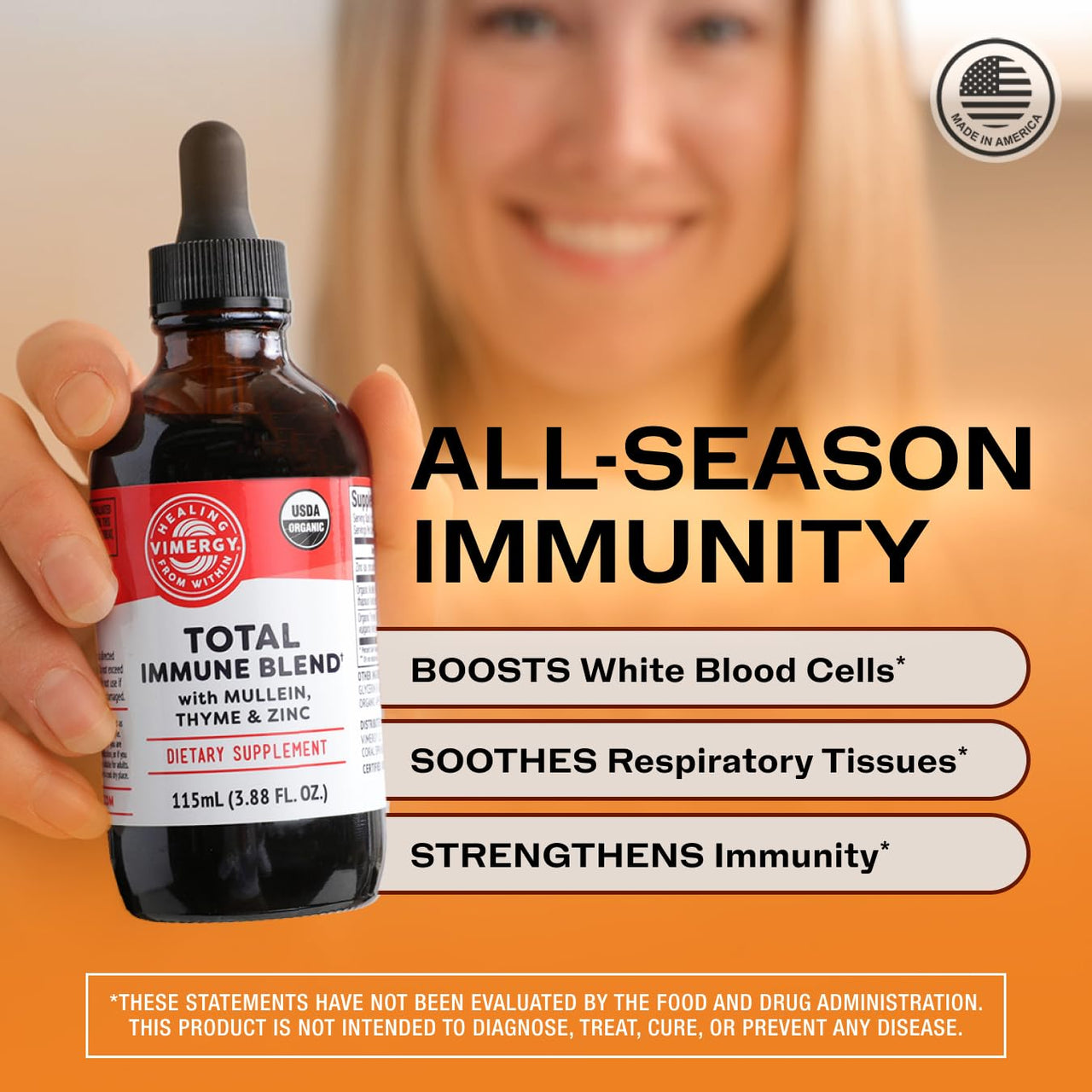 Vimergy USDA Organic Total Immune Blend* Liquid Supplement, 57 Servings Fast-Absorbing Immune Support – All-Season, Zinc, Thyme and Mullein Drops Non-GMO, Vegan, Immunity Support for Adults (115 mL)