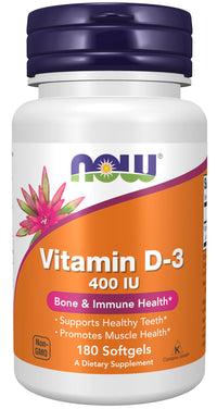 Thumbnail for NOW Supplements, Vitamin D-3 400 IU, Strong Bones*, Structural support*, 180 Softgels