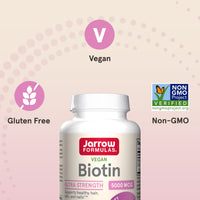 Thumbnail for Jarrow Formulas® Biotin Ultra Strength 5000 mcg, Dietary Supplement, Hair, Skin, and Nails Support, 100 Veggie Capsules, Up to 100 Day Supply