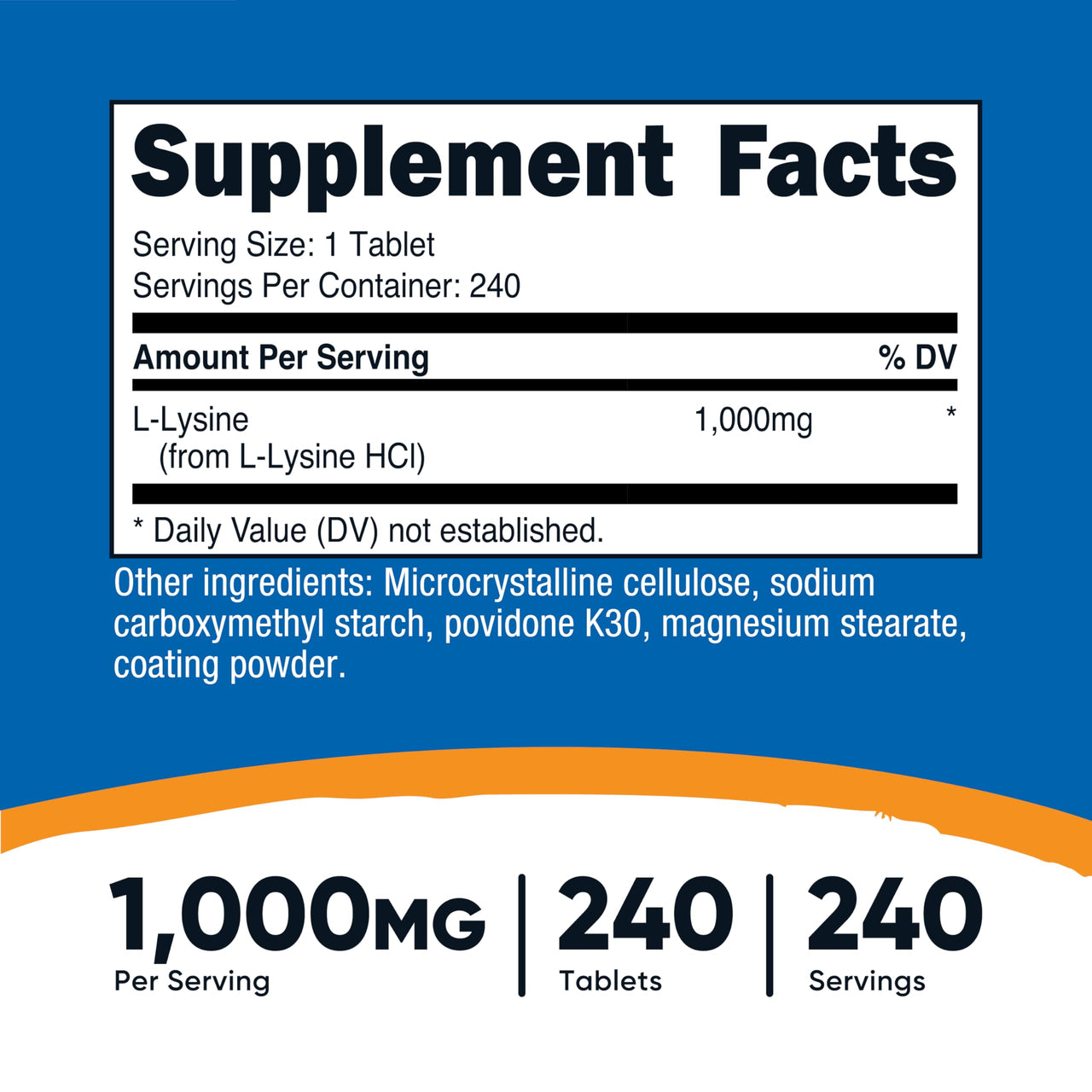Nutricost L-Lysine 1000mg, 240 Tablets - Gluten Free, Non-GMO, and Vegetarian Friendly