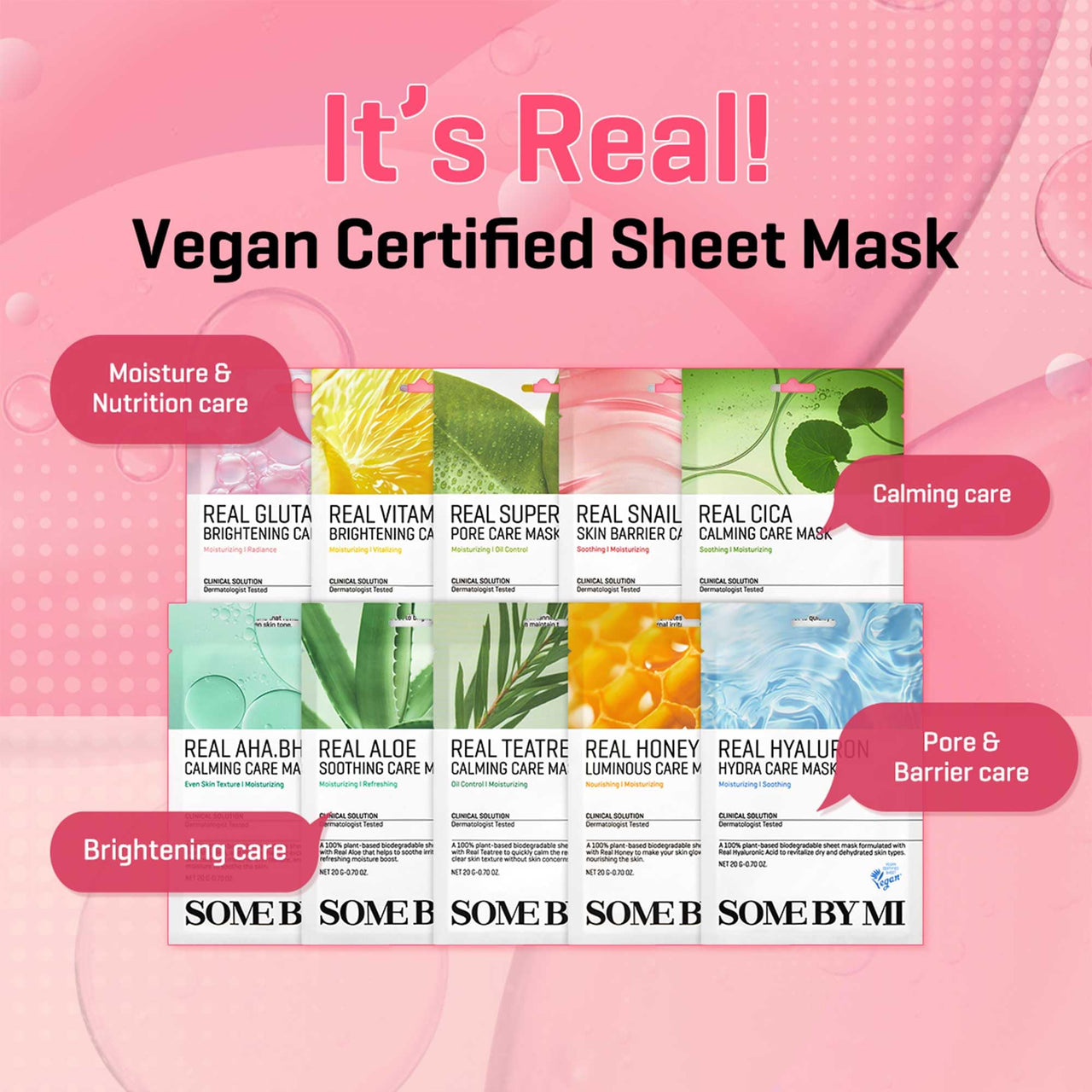 SOME BY MI Real Teatree Calming Care Mask - Pack of 10 - Made from Tea Tree Water for Sensitive Skin - Daily Vegan Korean Sheet Mask for Skin Calming and Soothing - Korean Skin Care